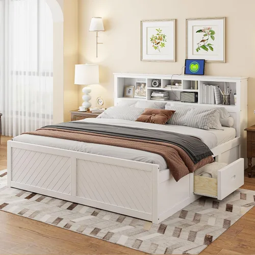 Vista 11 de Harper & Bright Designs Cama de plataforma tamaño King con cabecera de estantería y cajones de almacenamiento, marco de cama de almacenamiento