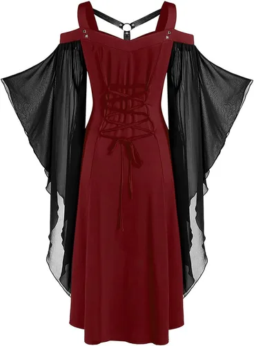 Vista 3 de Floleo Vestidos góticos para mujer, con hombros descubiertos, vestido oscuro de malla, manga acampanada, vestido de cóctel, fiesta, vestido