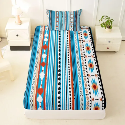 Vista 58 de Juego de ropa de cama de estilo bohemio occidental, tamaño individual, diseño de vaca atrapasueños, sábana bajera ajustable del suroeste, tribu