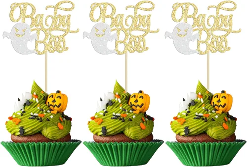 Vista 28 de Gyufise 24 adornos para cupcakes de Halloween con calabaza, fantasma, purpurina negra, decoraciones para cupcakes para niños, decoración de fiesta