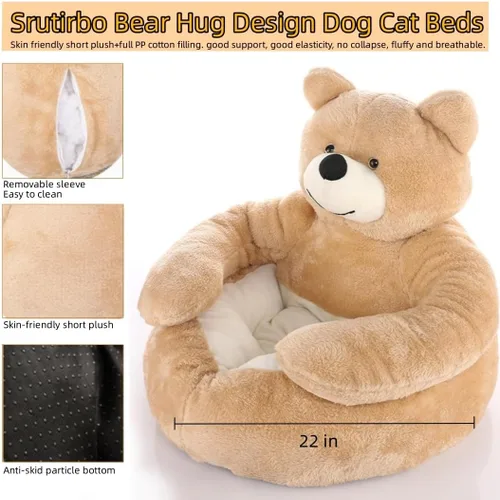 Vista 3 de Linda cama para perros y gatos con diseño de oso abrazo, camas de felpa para mascotas, camas cálidas y suaves para perros con funda extraíble