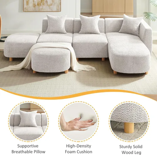 Vista 4 de VANOMi 279 cm Sofá modular seccional con 3 almohadas, cómodo sofá de chenilla en nube convertible de 5 plazas con reposapiés, sofás seccional