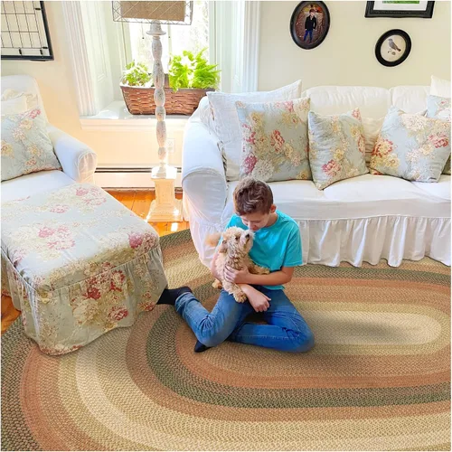 Vista 28 de Homespice Apple Pie - Alfombra ovalada roja de 2 x 3 pies, alfombra de cocina trenzada para decoración primitiva y rústica, reversible, yute sin