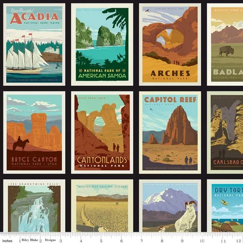 Vista 2 de Riley Blake National Parks - Panel de pósteres de 46 x 43 pulgadas (2 paneles) con bordes negros, acolchado, ropa y tela para decoración del hogar