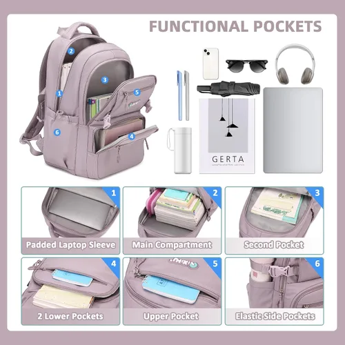 Vista 4 de ASKSKY Mochila para la escuela, mochila ligera para niños y niñas, mochila escolar para adolescentes, para hombres y mujeres, Púrpura, gris