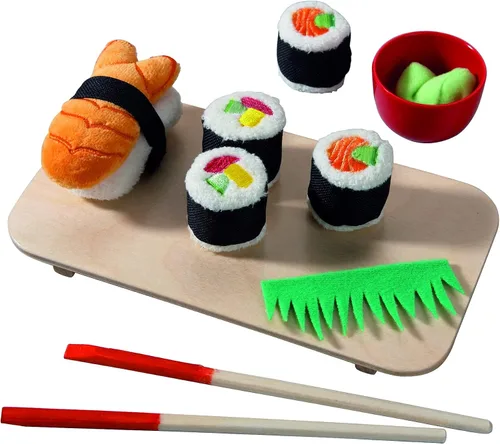 Vista 2 de Haba Biofino juguete suave de sushi, 10 piezas, con charola y palillos