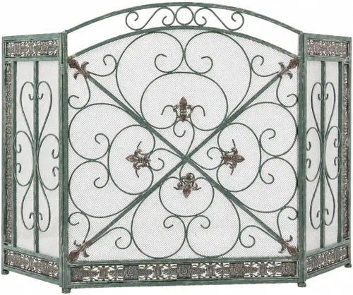 Vista 2 de Deco 79 Pantalla de metal para chimenea, plegable, arqueada, 3 paneles con detalles de flor de lis, 52 x 1 x 31 pulgadas, color negro