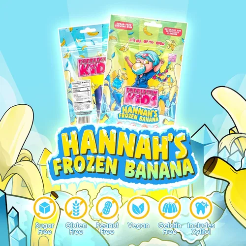 Vista 4 de Bubblegum Kids Hannah's Frozen Banana - Goma de mascar sin azúcar Relleno de calcetines, dulces navideños, recuerdos de fiesta, goma de mascar sin