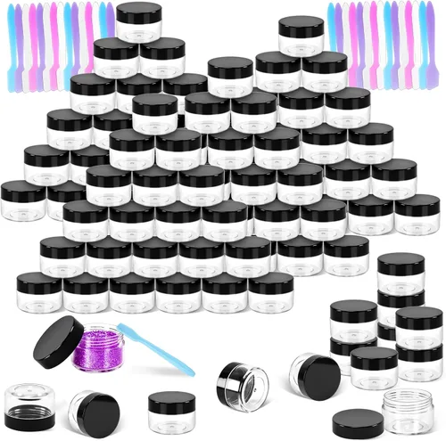 Vista 22 de Paquete de 50 de 10 g pequeños contenedores de cosméticos de plástico con tapas, frascos de maquillaje de 10 gramos de color ámbar con espátulas