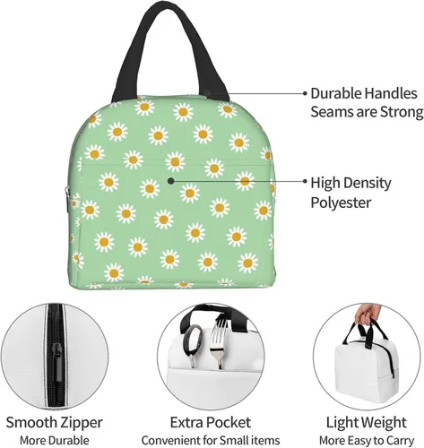 Vista 5 de Lonchera térmica verde con margaritas para adultos, niños, niñas, mujeres, trabajo, oficina, escuela, picnic, playa, lonchera reutilizable