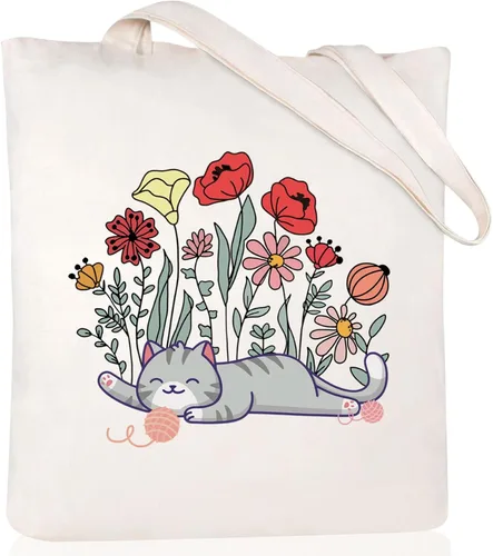 Vista 10 de Andeiltech - Bolsa de lona para mujer, con diseño de gato bonito y estética, bolsas reutilizables para compras y comestibles, con bolsillo