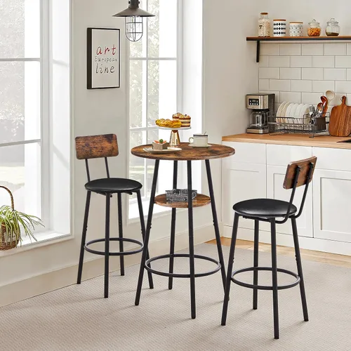 Vista 2 de Juego de mesa de bar y sillas de 3 piezas, mesa de comedor redonda pequeña para 2 personas con respaldo, altura de encimera, juego de mesa de cocina