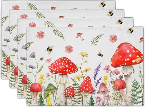 Vista 8 de Juego de 4 manteles individuales de otoño para mesa de comedor, hojas de calabazas de otoño, cosecha de Acción de Gracias, tela lavable