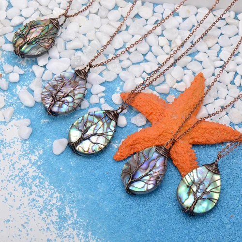 Vista 2 de Hand Wrapped Abalone Shell Tree of Life Pendant Necklace Small, Bronze Wire