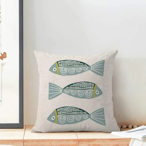 Vista 3 de AEIOAE Fundas de Almohada Costeras de 16 x 16 Pulgadas Juego de 2, Fundas Decorativas de Lino con Estampado de Peces Azules de Playa Oceánica