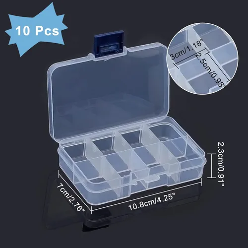 Vista 8 de NBEADS Paquete de 10 mini cajas organizadoras de plástico de 8 rejillas, 2.7 x 4.2 x 0.8 pulgadas, divisores de joyería de plástico transparente