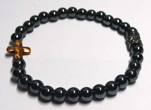 Vista 3 de Faith Based Stretchy Hematite Beaded Bracelet with Bronze Cross