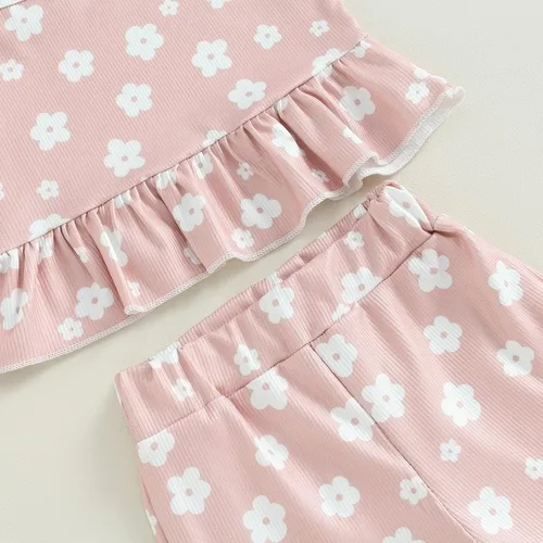 Vista 5 de Ropa de verano para bebé niña, sin mangas, estampado floral, correa acanalada, parte superior acampanada, pantalones de 2 piezas