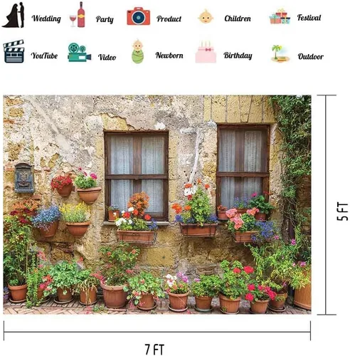 Vista 2 de EOA Telón de fondo de flores de pared antigua de la calle toscana italiana de 7 pulgadas de ancho x 5 pies de alto, para fotografía, Italia, ciudad