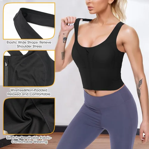 Vista 4 de Sujetadores deportivos con cremallera frontal para mujer, camisetas cortas de fitness para gimnasio, yoga, entrenamiento
