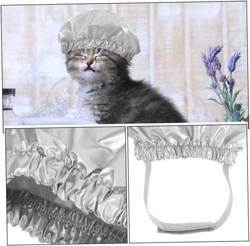 Vista 3 de Gorro de ducha para mascotas para perros y gatos, reutilizable, con correa ajustable, gorro de ducha para proteger las orejas durante el aseo