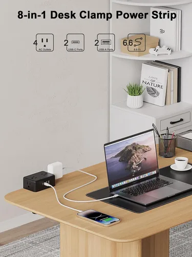 Vista 2 de Regleta de alimentación de abrazadera de escritorio 4AC salida 2 puertos USB-C, 2 puertos USB-A Desk Edge Mount Outlet Surge Protector Outlet