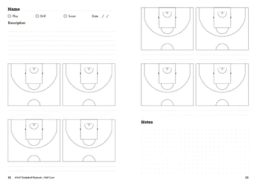 Vista 5 de Basketball Playbook by MVMT Sports. 380 court diagrams in a 5.82 x 8.26 inches planner for basketball coaches. Capture plays, drills and scouts.