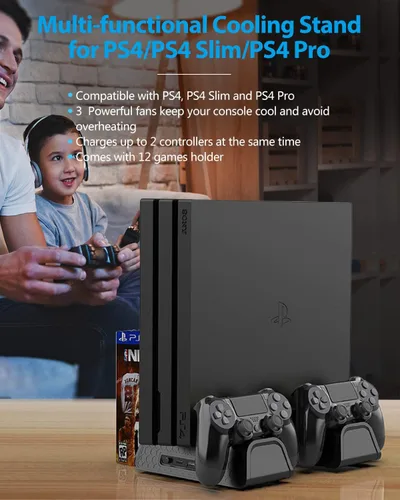 Vista 4 de URWOOW Vertical Stand for PS4PS4 SlimPS4 Pro - Cooling Fan with PS4 Charger Controller Charging Station with Game Storage Black