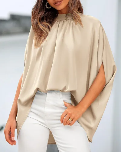 Vista 123 de BTFBM Blusas de verano para mujer, cuello alto falso, manga murciélago, holgadas, dobladillo alto y bajo, blusas informales de gran