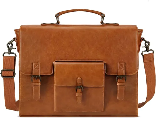 Vista 8 de Bolsa de mensajero de cuero para hombres y mujeres, 15.6 pulgadas, impermeable, de cuero vintage, maletín para laptop, bolso de hombro grande, bolsa