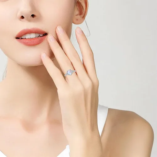 Vista 2 de Anillo de piedra lunar auténtica, anillo de plata de ley con piedra lunar arcoíris para mujer