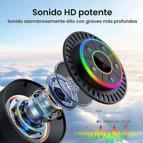 Vista 2 de Altavoz Bluetooth, altavoz de ducha IPX7 impermeable, altavoces Bluetooth inalámbricos con graves intensos, altavoz portátil con luz LED, ventosa