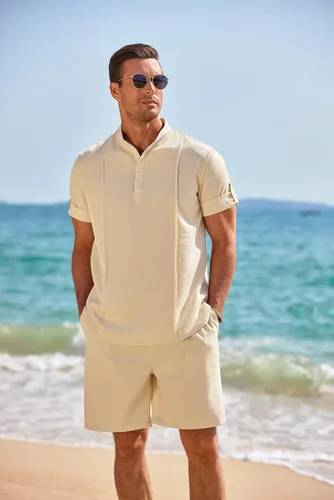 Vista 3 de COOFANDY Conjunto de lino de 2 piezas para hombre, camisa Henley, manga corta y pantalones cortos, trajes a juego para yoga y playa