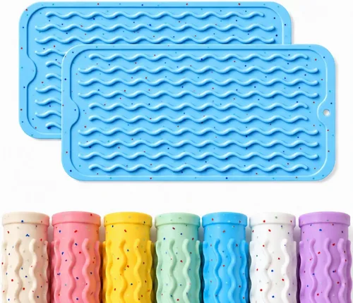 Vista 37 de CAKETIME Paquete de 2 tapetes de secado de platos de silicona multicolor para encimera de cocina, comedor, manteles individuales resistentes al