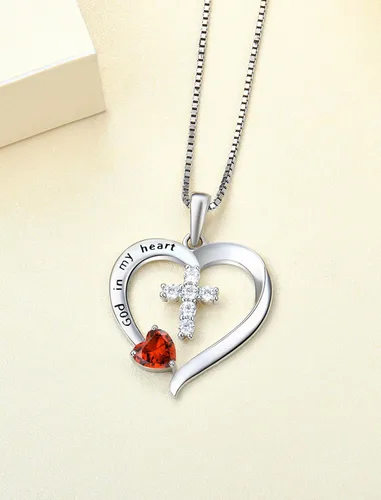 Vista 4 de YL Collar de cruz de corazón para mujer, plata de ley 925, colgante de piedra natal de Dios en mi corazón, joyería