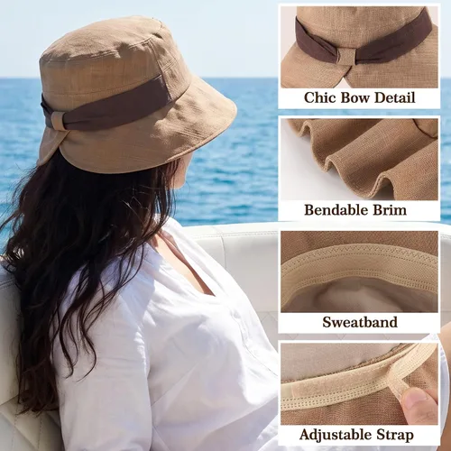 Vista 4 de Sombrero de pescador transpirable de lino y algodón, sombrero plegable para Caqui
