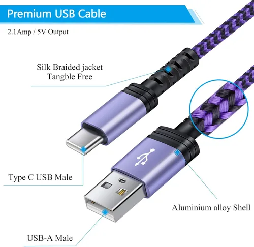 Vista 3 de Cable de carga C de carga rápida tipo coche USB C cable Android Kindle teléfono 6 pies 2 unidades para Samsung Galaxy A13 A14 A54 A53 A01 A12 S22