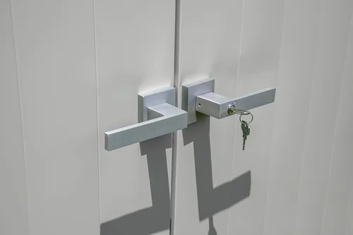 Vista 3 de Arrow Select - Cobertizo de almacenamiento de acero con cerradura para exteriores de 10 x 4 pies, color gris flauta Flauta Gris