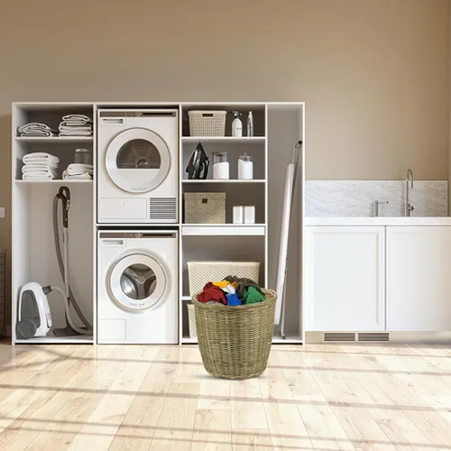 Vista 2 de Luxshiny Cesta de basura con tapa, almacenamiento tejido versátil para dormitorio, cocina, organizador ordenado para verduras y artículos diversos