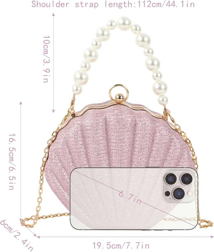 Vista 2 de ZLM BAG US Bolso de mano de noche con purpurina Seashell Mini Chain Crossbody Bag PU Cuero Shell Pearl Bolso de hombro, Y-Rosa