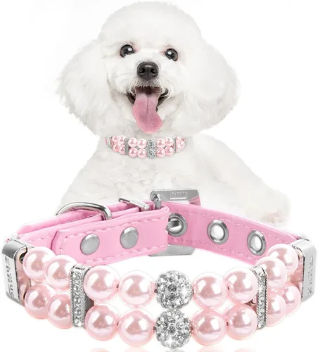 Vista 8 de HOWWFALY Collares de perlas para perros y gatos con diamantes de imitación de cristal, collar de piel sintética, collar ajustable para perros