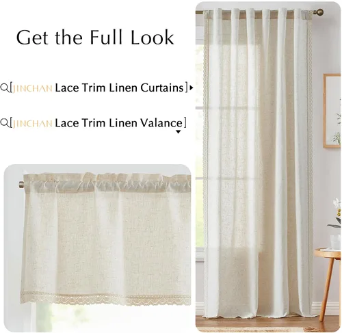Vista 8 de jinchan - Cenefa de lino con borde de encaje, cenefa rústica de estilo granja para ventana de 16 pulgadas, tratamiento para ventana pequeña