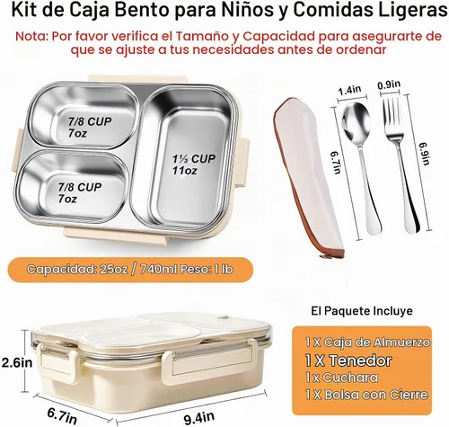 Vista 3 de Kit de lonchera de acero inoxidable 18/8 de 25 onzas (caja de bento + tenedor/cuchara), 3 compartimentos a prueba de fugas, caja de aperitivos