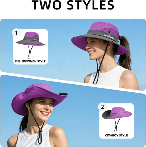 Vista 94 de Rosoz Sombreros de cola de caballo para mujer, protección UV, ala ancha 1 paquete-negro