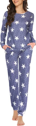 Vista 50 de Ekouaer - Conjunto de pijama de manga larga para mujer, ropa de dormir suave con cuello redondo y bolsillos, conjuntos de ropa de descanso Negro