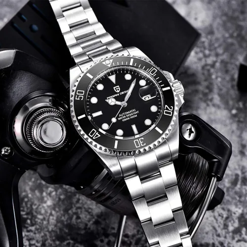 Vista 5 de Pagani Design - Reloj clásico mecánico de movimiento japonés automático impermeable de acero inoxidable para hombre Negro