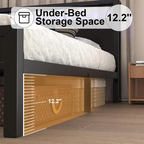 Vista 7 de LoVinson Full Size Bed Frame with Charging Station and LED Light, Metal Platform Bed with Storage Headboard, Noise Free, No Box Spring Needed, Easy
