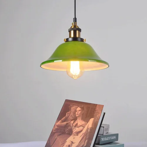 Vista 5 de Luces colgantes nórdicas de cristal verde retro, lámpara colgante de metal con cúpula de mediados de siglo, cable ajustable E27/E26, lámpara