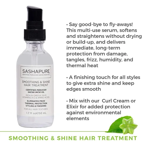 Vista 3 de Sashapure Tratamiento capilar suavizante y brillante con aceite de Sacha Inchi, elimina el encrespamiento, protección térmica, peinado y acabado