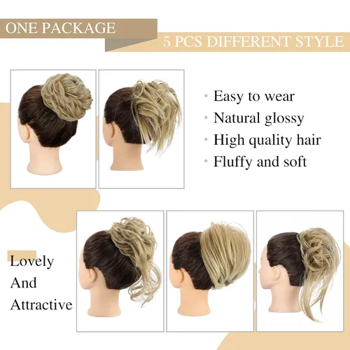 Vista 2 de HMD 5 piezas de moño despeinado para mujer, extensión de cabello con banda de goma elástica, extensión de cabello largo y desordenado, accesorios
